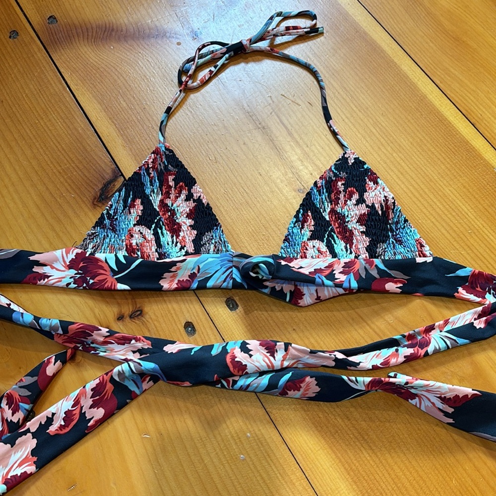 TORI PRAVER S Printed Floral Wrap Halter Bikini Triangle Top Smocked